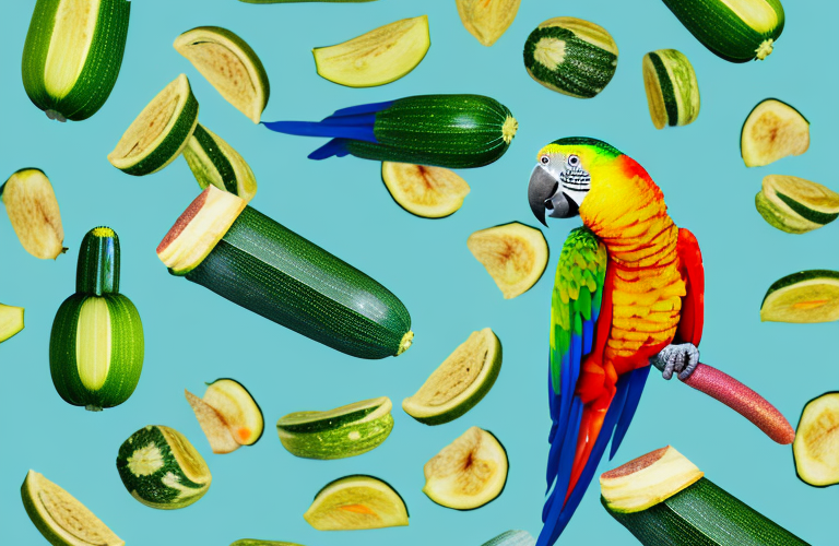 A parrot eating a zucchini