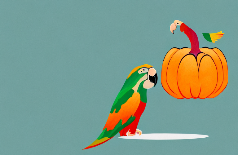 A parrot eating a pumpkin