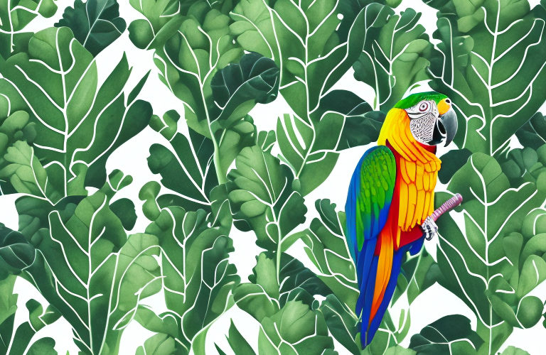 A parrot eating kale leaves