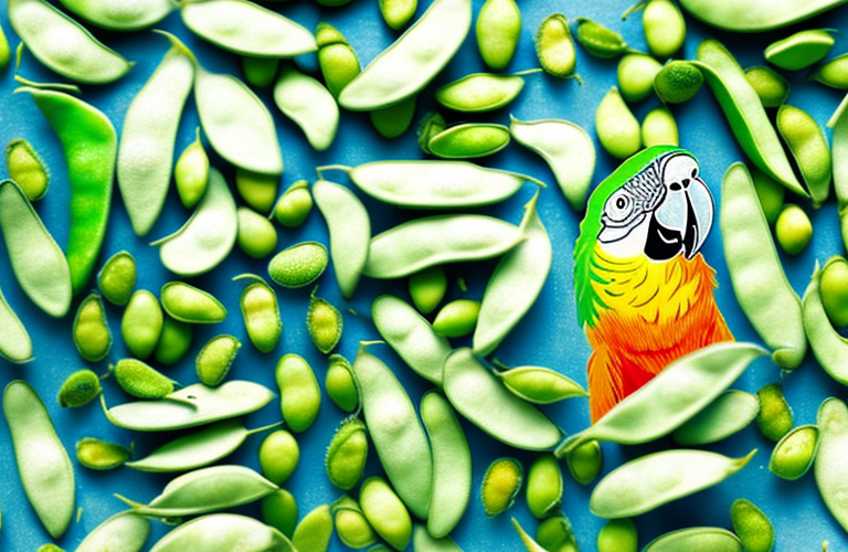 A parrot eating edamame beans