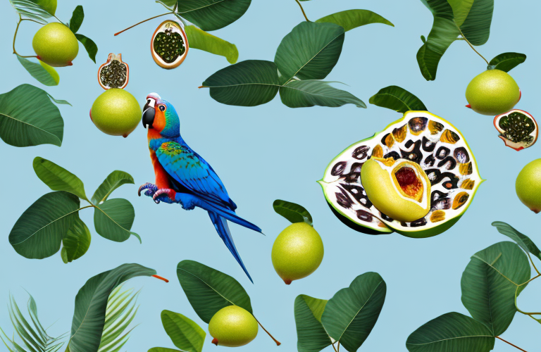 A parrot eating a passion fruit