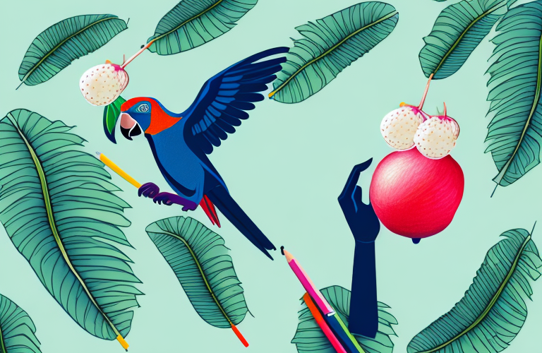 A parrot eating a lychee