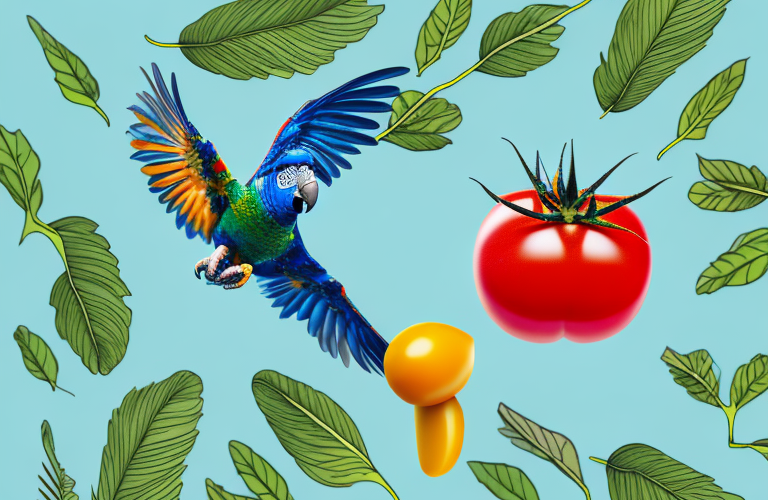 A parrot eating a tomato