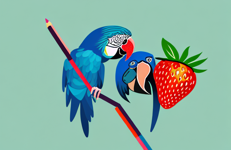 A parrot eating a strawberry