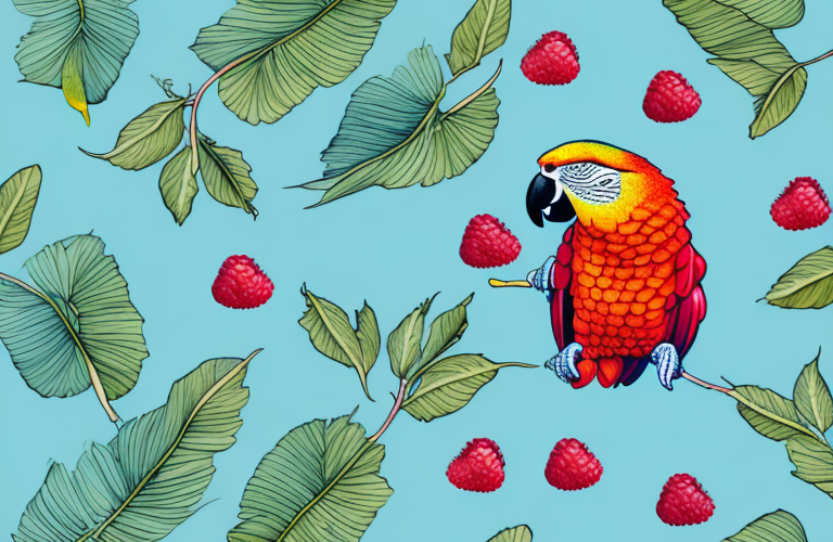 A parrot eating a raspberry