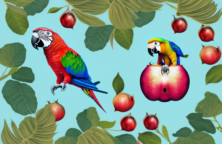 A parrot eating a pomegranate