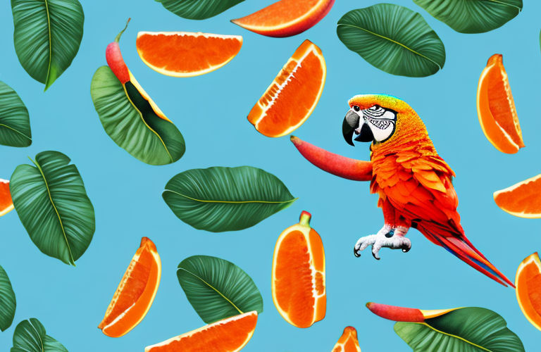 A parrot eating a piece of papaya