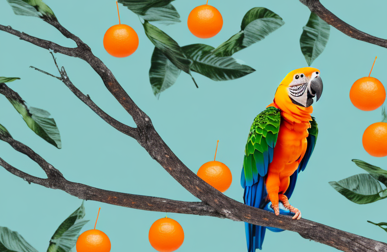 A parrot perched on a branch with an orange in its beak
