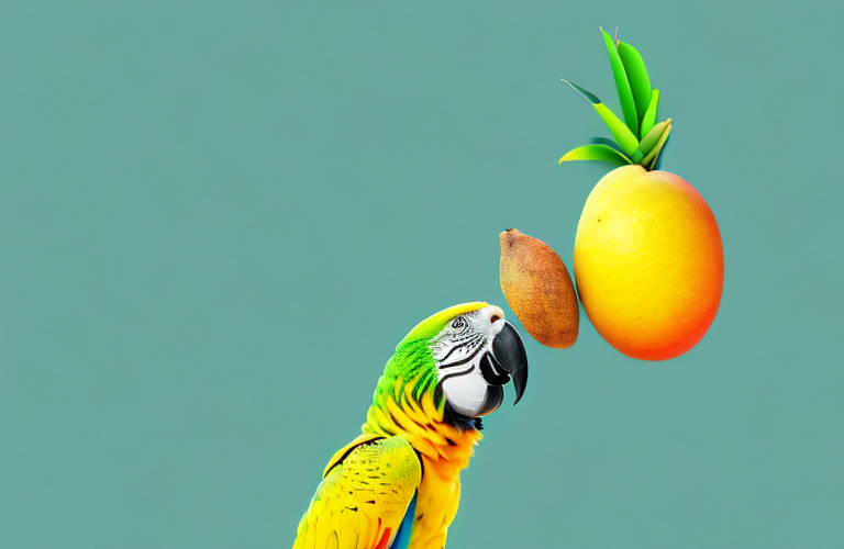 A parrot eating a mango