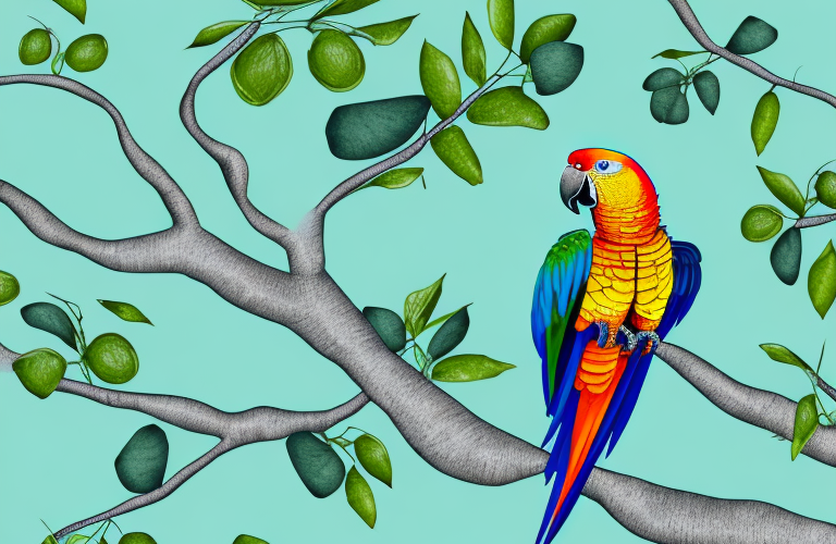 A parrot perched on a lime tree branch