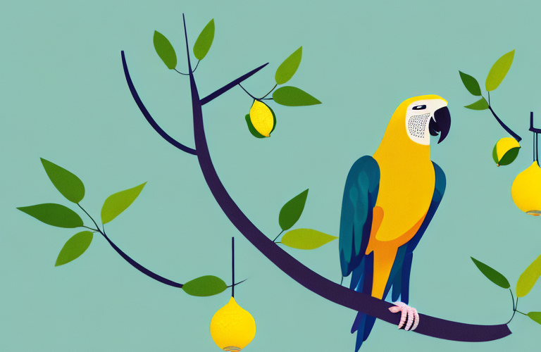 A parrot perched on a branch with a lemon in its beak