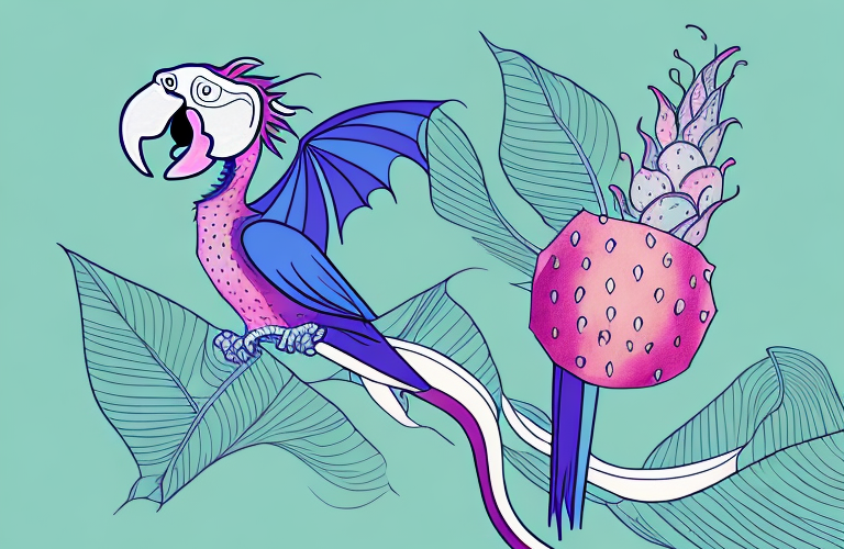 A parrot eating a dragon fruit