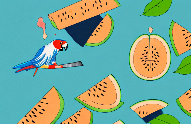 A parrot eating a slice of cantaloupe