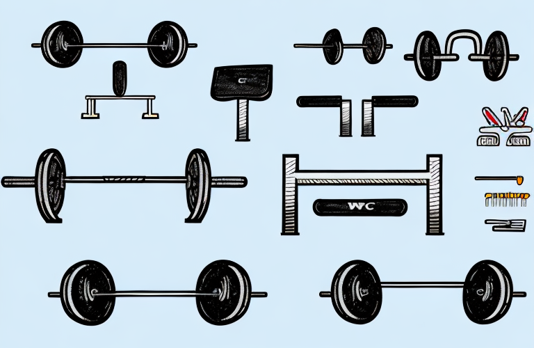 A weight bench with barbells