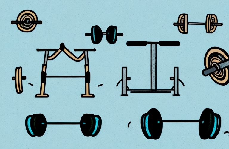 A weight bench with barbells and dumbbells