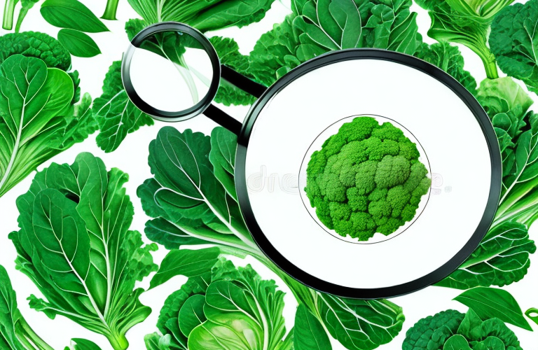 A bowl of leafy green vegetables with a magnifying glass hovering above it