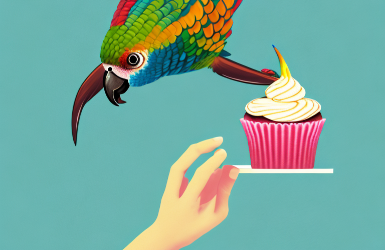A conure eating a cupcake