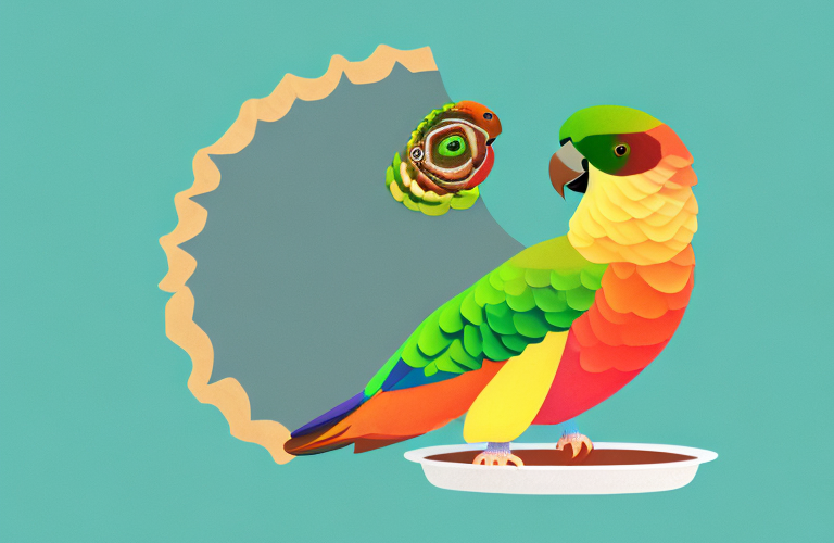 A conure bird eating a pie