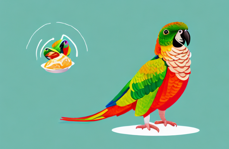A conure bird eating a sweet roll