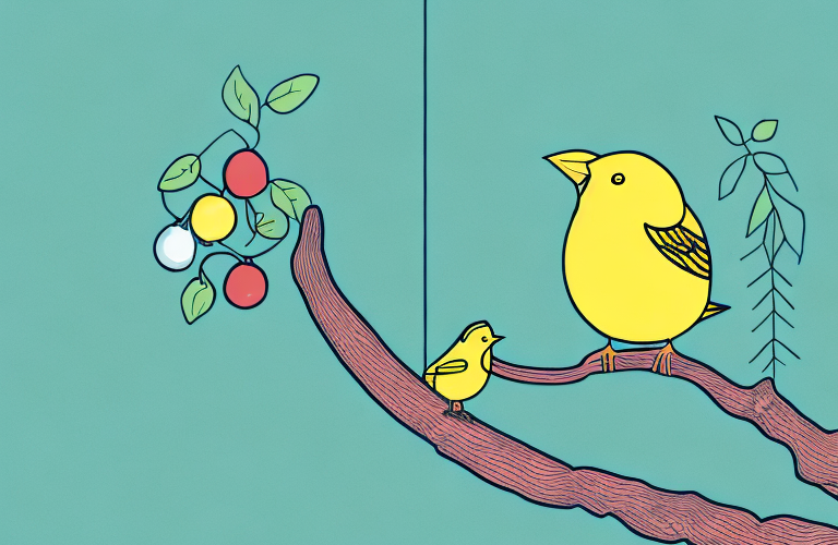 A canary perched on a branch eating a praline