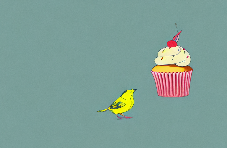 A canary eating a cupcake