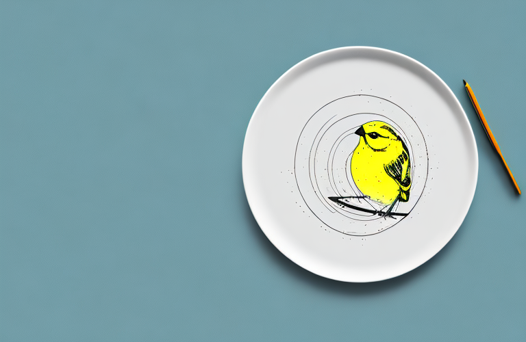 A canary perched on a plate of pie