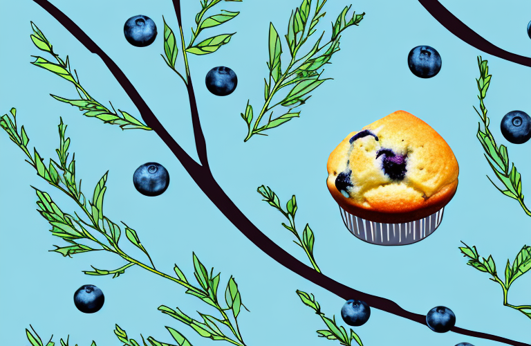 A canary perched on a branch eating a blueberry muffin