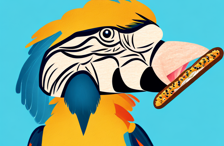 A macaw eating a baguette