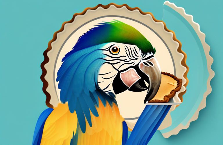 A macaw eating a pie