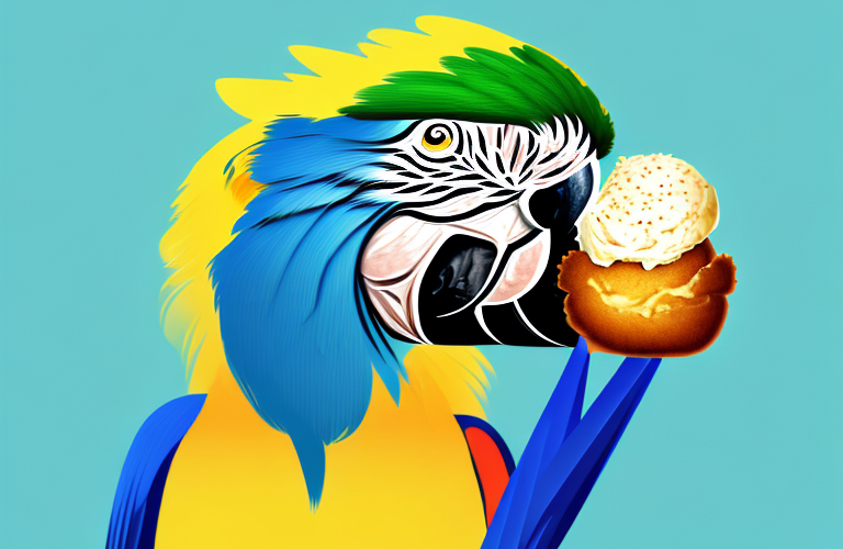 A macaw eating a cream puff