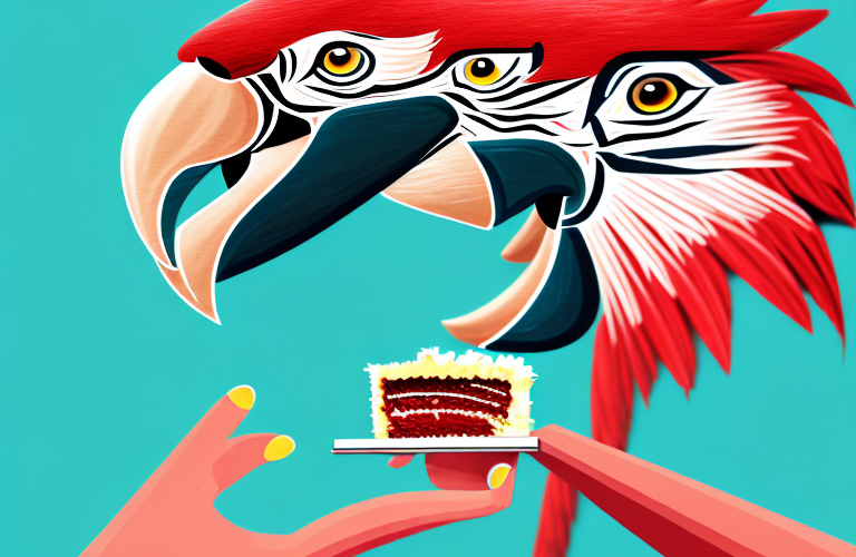 A macaw eating a piece of red velvet cake