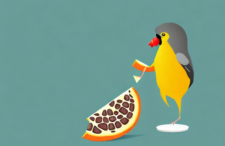 A canary eating a slice of papaya