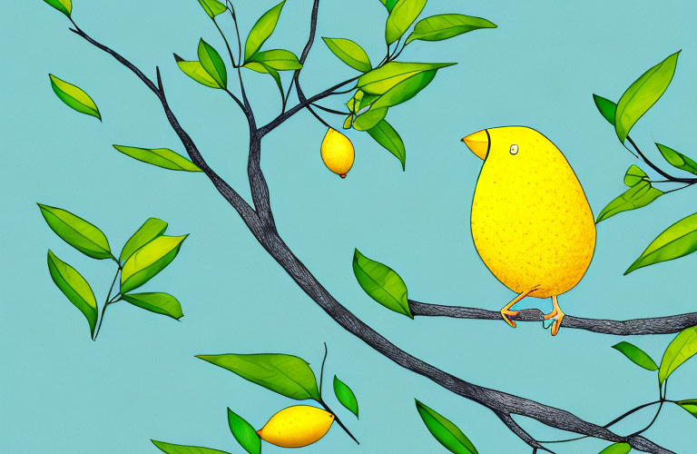 A canary perched on a lemon tree branch
