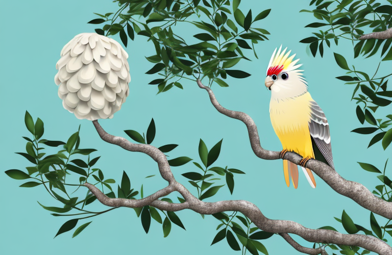 A cockatiel perched on a breadfruit tree