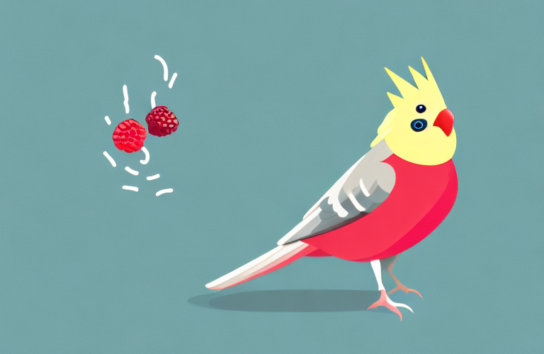 A cockatiel eating a raspberry