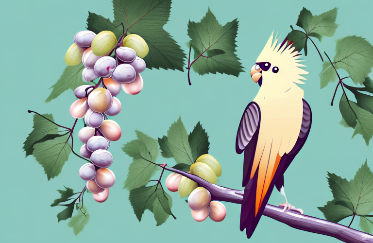 A cockatiel perched on a branch with a bunch of grapes nearby