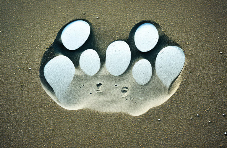 A dog's paw print in the sand with a single tear drop falling from the sky