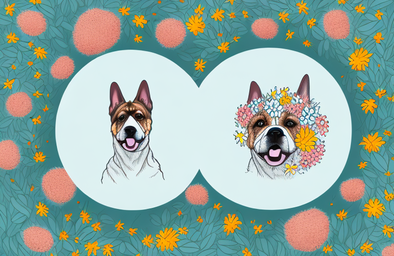 A female dog surrounded by a circle of flowers