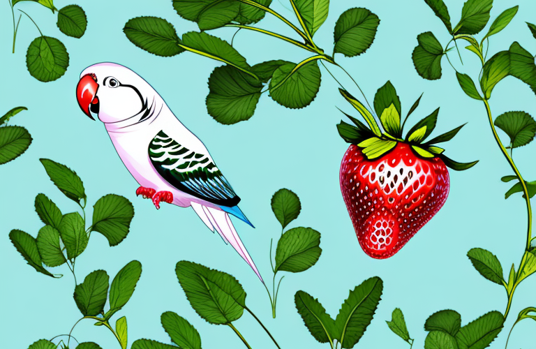 A parakeet perched on a strawberry plant