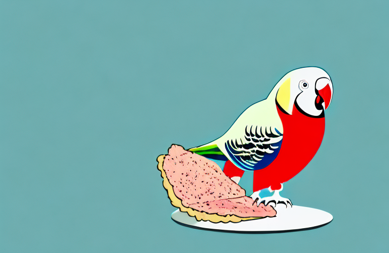 A parakeet eating a piece of turkey