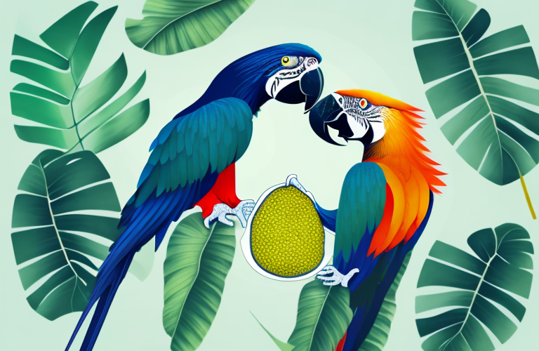 A macaw eating a breadfruit