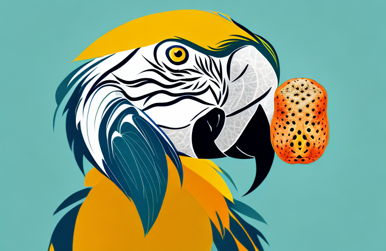 A macaw eating a kiwano melon