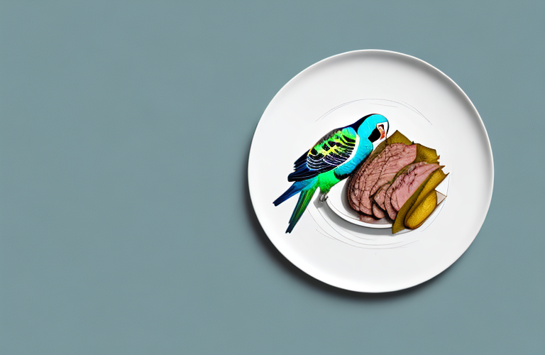 A parakeet perched on a plate of venison