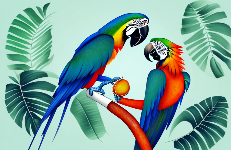 A macaw eating a longan fruit
