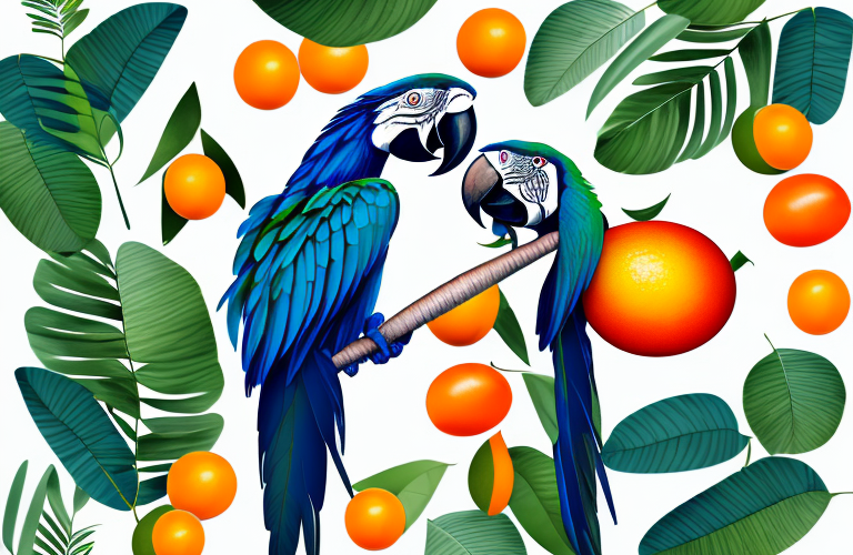 A macaw eating a kumquat