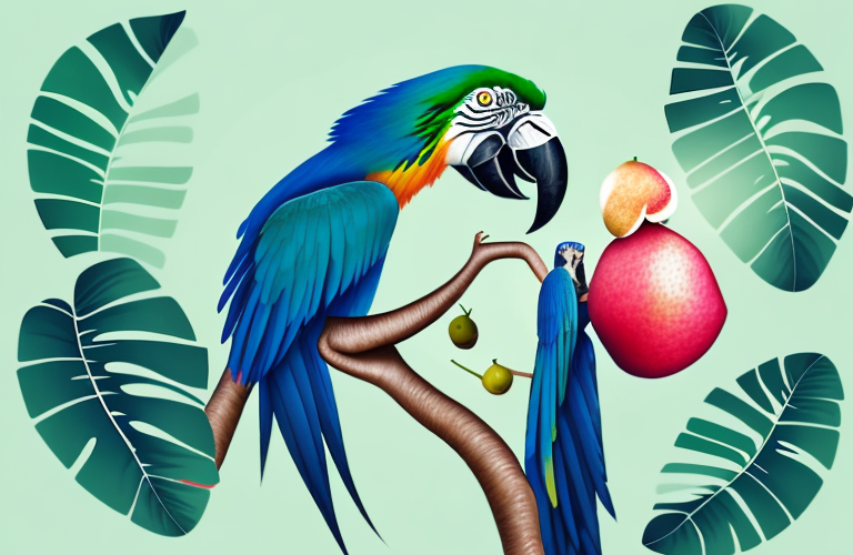 A macaw eating a lychee fruit