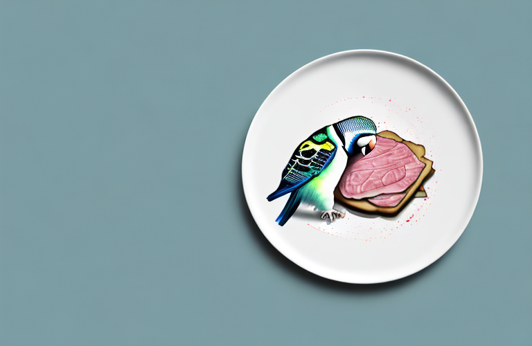 A parakeet perched on a plate of veal