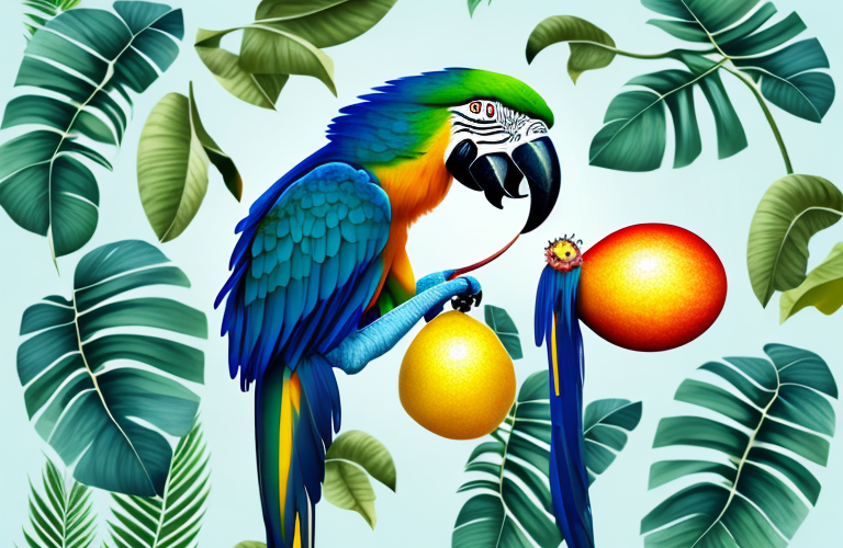 A macaw eating a passion fruit