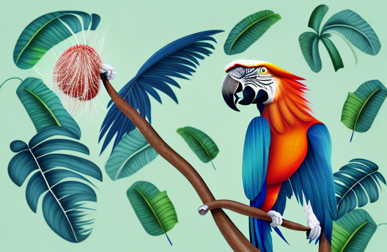 A macaw eating a rambutan