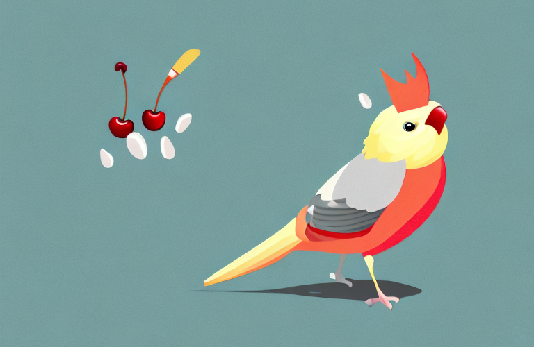 A cockatiel eating a cherry